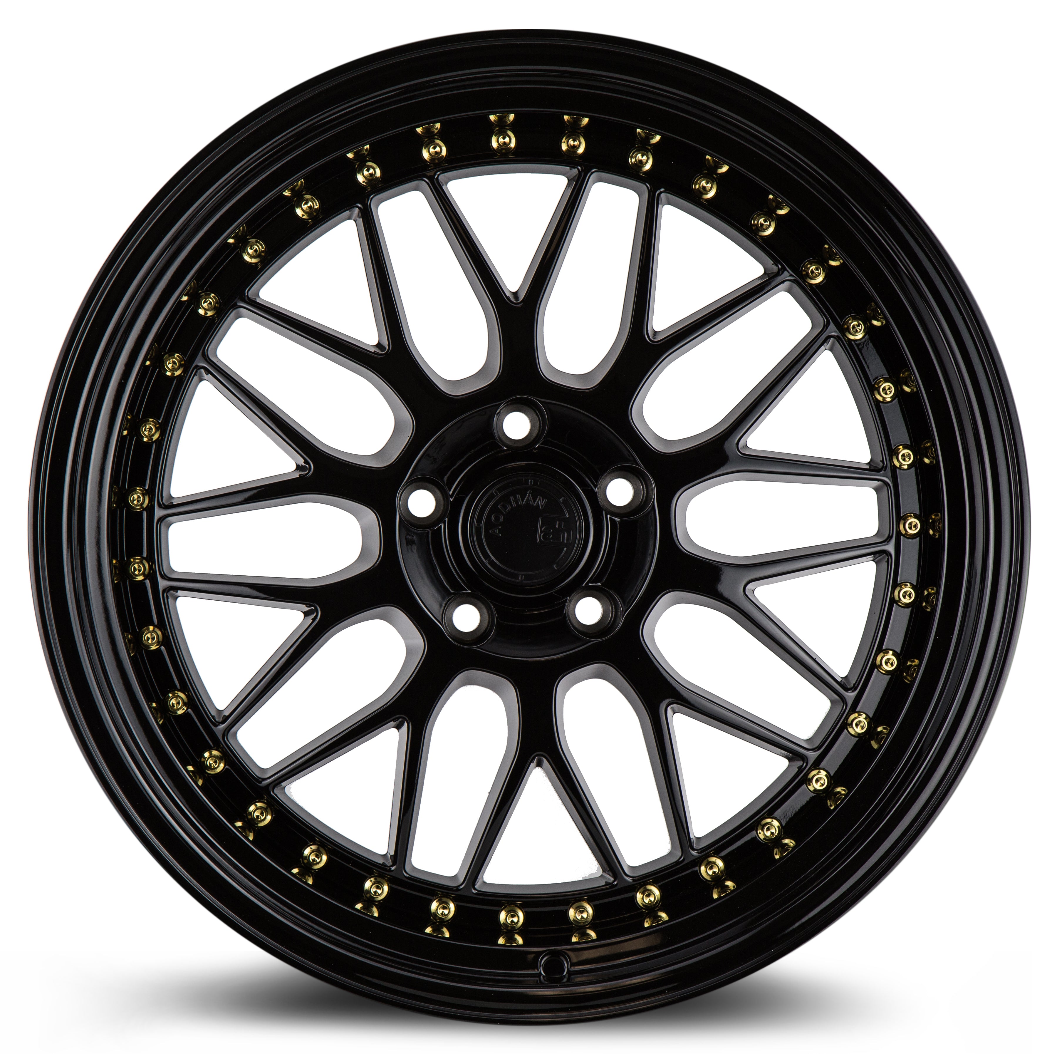 Aodhan AH02 19x9.5 Gloss Black Wheels with Gold Rivet - Stunning Design for Your Ride!