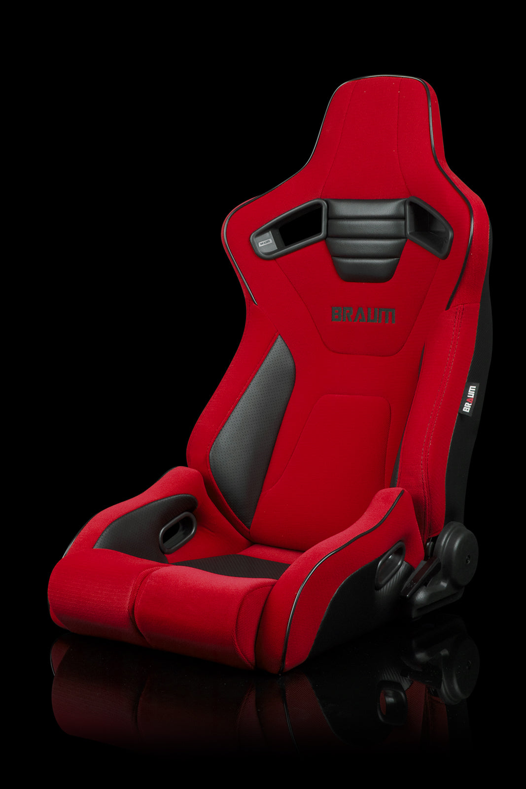 Braum Elite-R Series Reclinable Bucket Seats - Stunning Red Cloth with Black Piping (Pair)