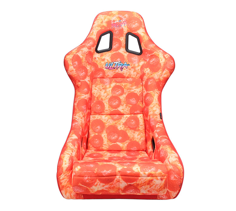 NRG FRP Bucket Seat PRISMA - ULTRA SLICE Edition: Gold Pearlized Back, Pizza Microfiber Print in Vegan Material with Phone Pockets (Large)