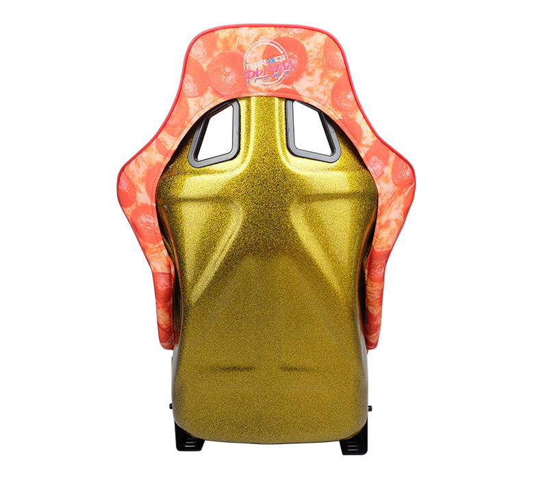 NRG FRP Bucket Seat PRISMA - ULTRA SLICE Edition: Gold Pearlized Back, Pizza Microfiber Print in Vegan Material with Phone Pockets (Large)