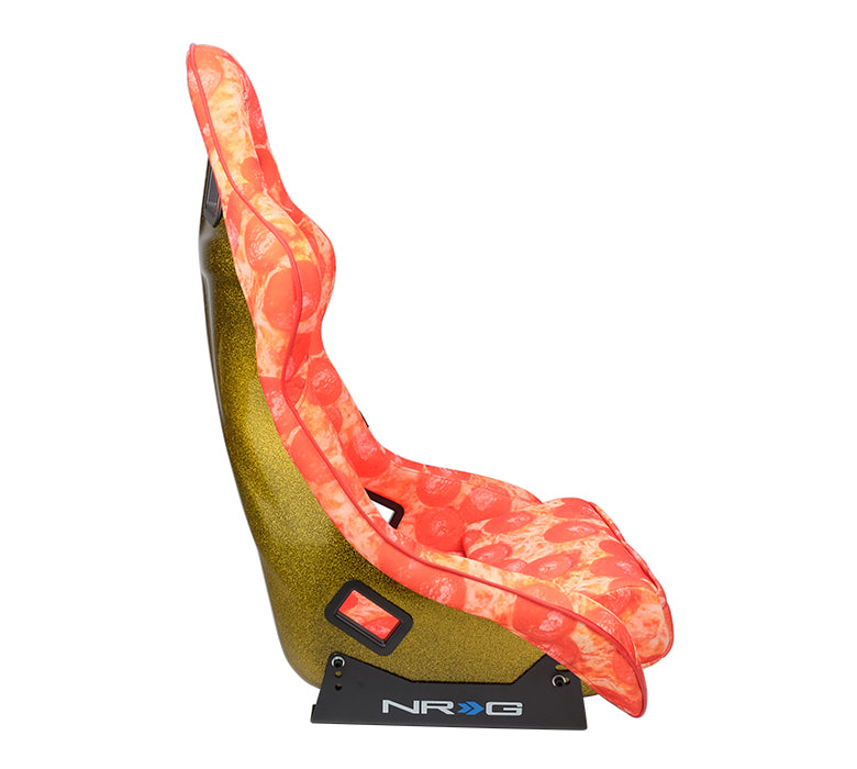 NRG FRP Bucket Seat PRISMA - ULTRA SLICE Edition: Gold Pearlized Back, Pizza Microfiber Print in Vegan Material with Phone Pockets (Large)