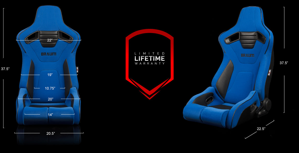 Braum Elite-R Series Reclinable Bucket Seats - Stunning Blue Cloth with Black Piping (Pair)