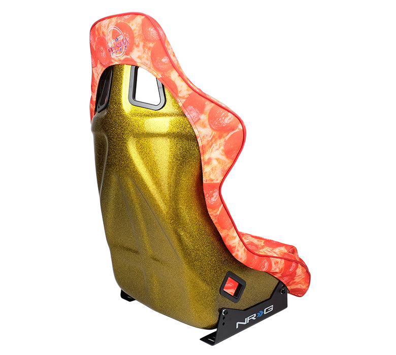 NRG FRP Bucket Seat PRISMA - ULTRA SLICE Edition: Gold Pearlized Back, Pizza Microfiber Print in Vegan Material with Phone Pockets (Large)