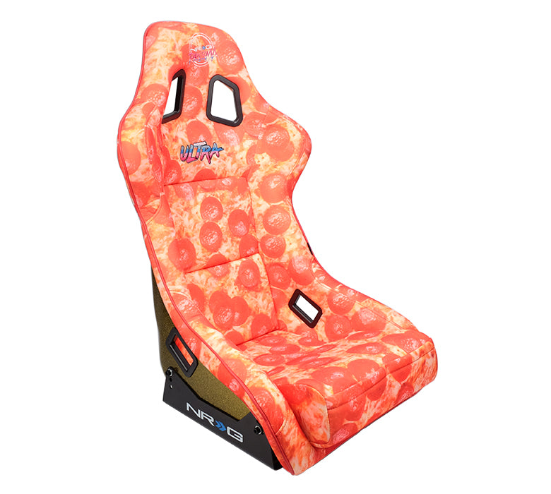 NRG FRP Bucket Seat PRISMA - ULTRA SLICE Edition: Gold Pearlized Back, Pizza Microfiber Print in Vegan Material with Phone Pockets (Large)